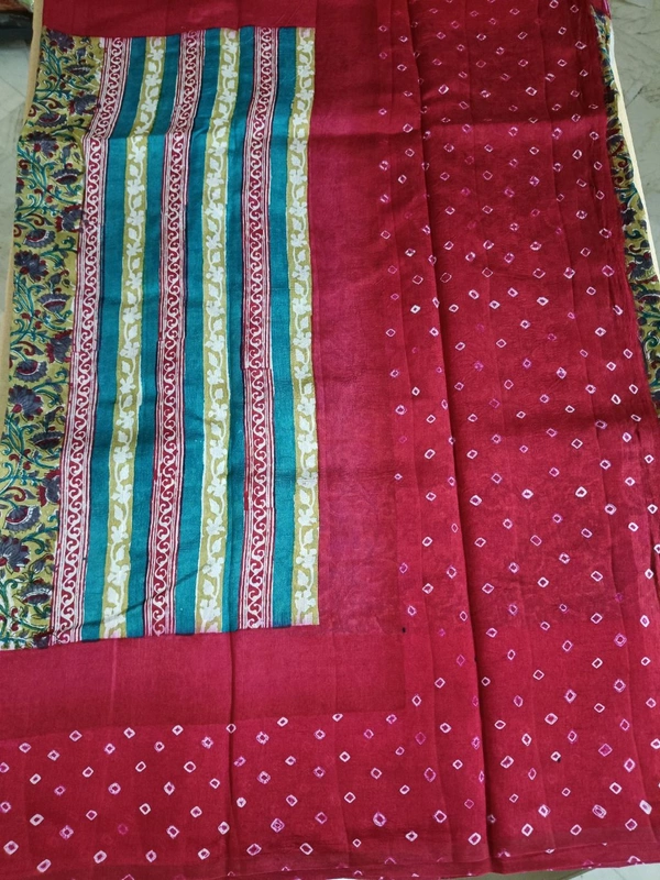 Pure Raw Silk Block Prints - tan with red border