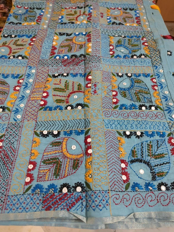 CHANDERI LINEN LAMBANI WORK - Tower Gray