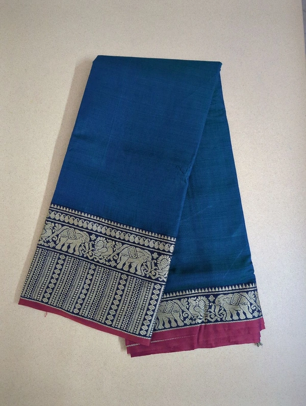 Pure Handloom Narayanapet Saree - Elephant Border, marine blue