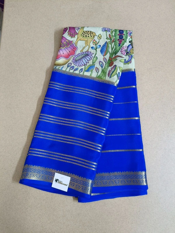 Pure Mysore Crepe - mint with blue border