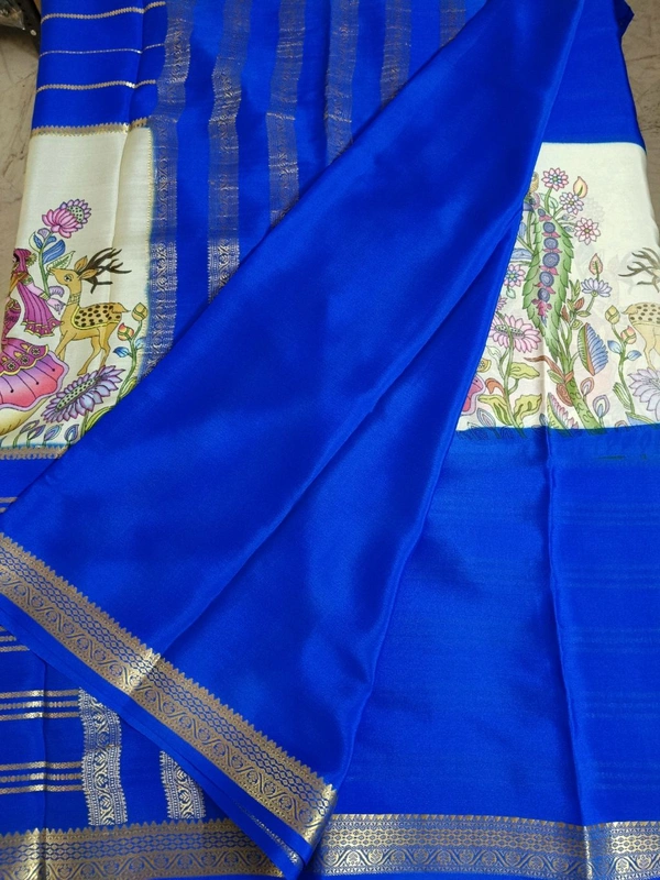 Pure Mysore Crepe - mint with blue border