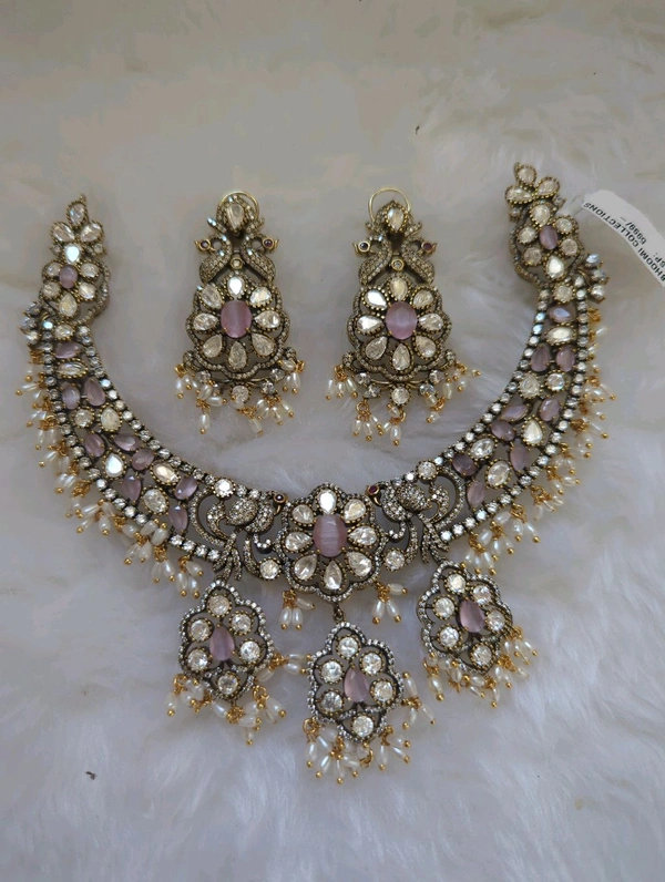 NECK SET WITH EAR RING - Pink Lace