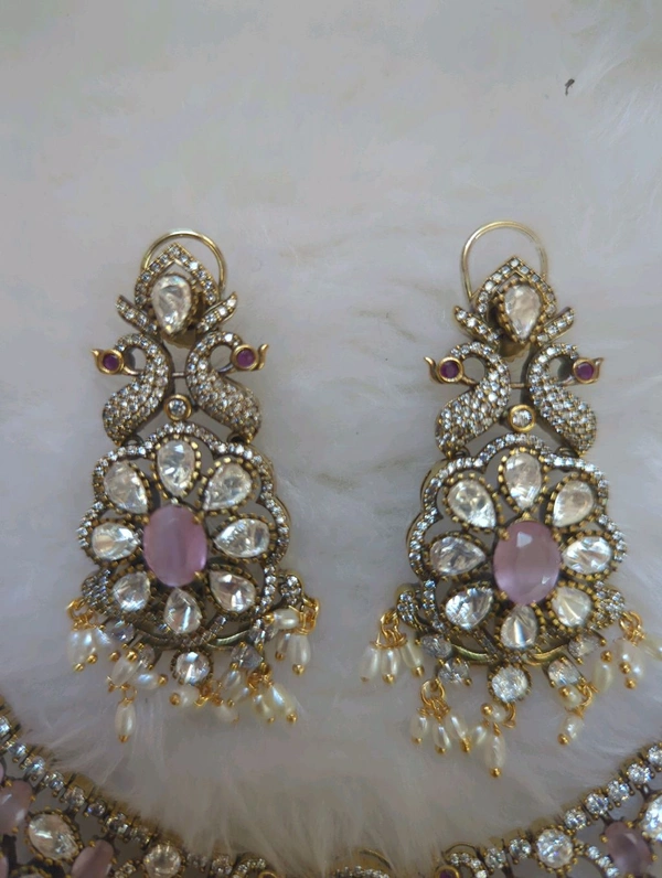 NECK SET WITH EAR RING - Pink Lace
