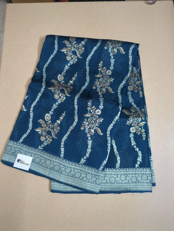 Pure Tusser Georgette  - marine blue, Waves