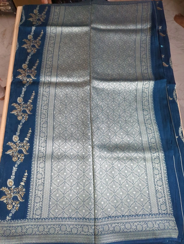 Pure Tusser Georgette  - marine blue, Waves