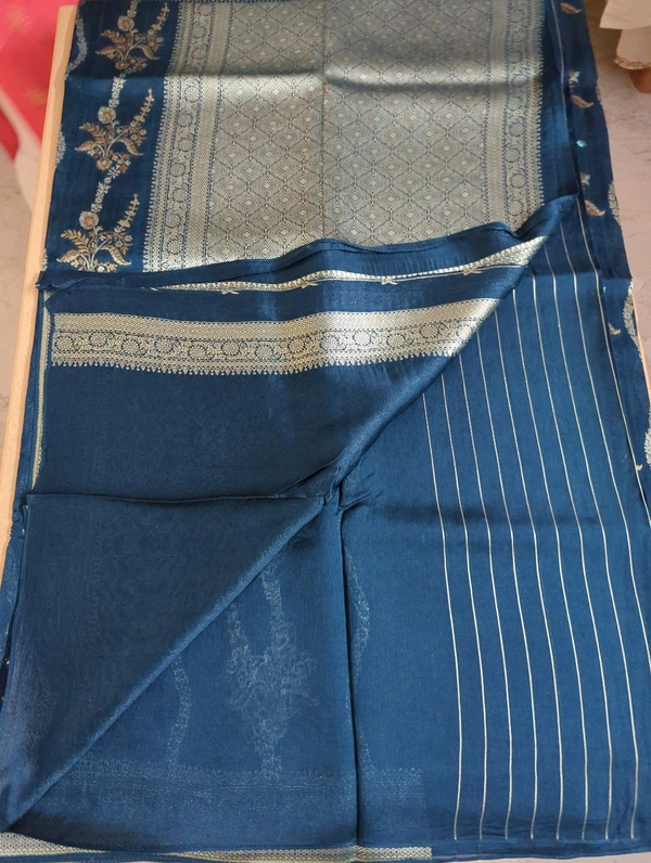 Pure Tusser Georgette  - marine blue, Waves