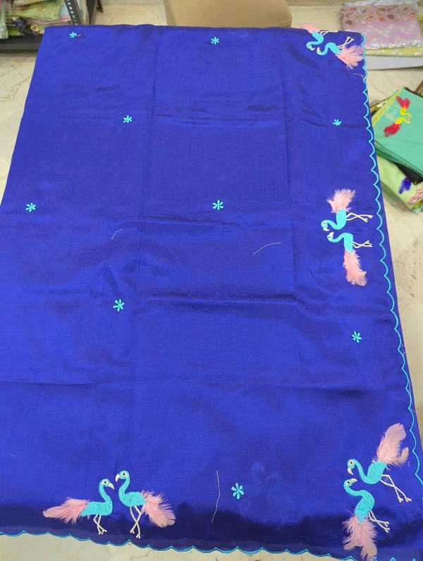 Pure Mangalagiri Pattu With Feather Work - blue 17