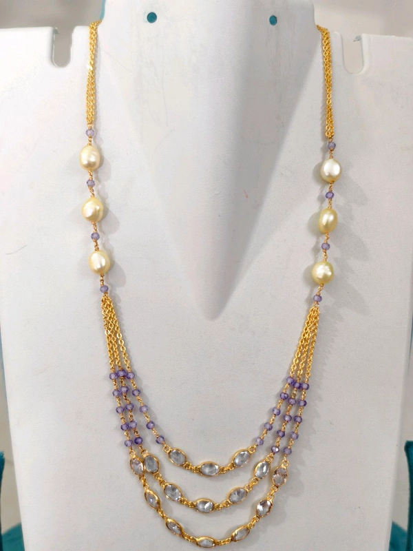 3 Step Chain With Real Pearls ,Polki Stones And Czs - light purple
