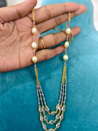 3 Step Chain With Real Pearls ,Polki Stones And Czs - light purple