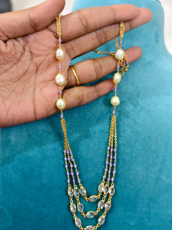 3 Step Chain With Real Pearls ,Polki Stones And Czs - light purple