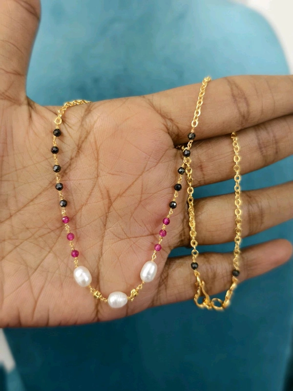Simple Black Diamonds Chain With Real Fresh Waterpearls And Manulu - vz