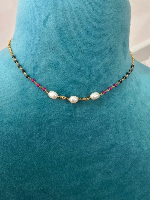 Simple Black Diamonds Chain With Real Fresh Waterpearls And Manulu - vz