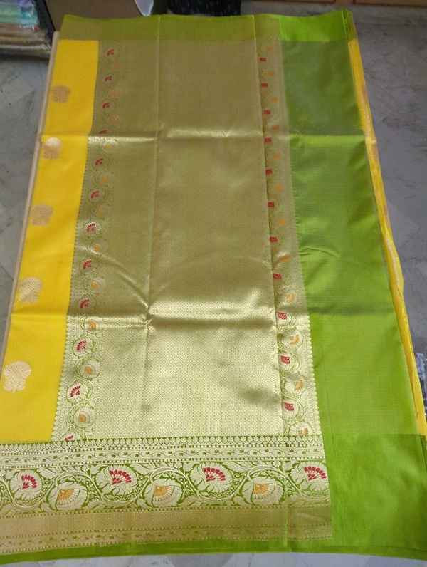 Pure Handloom Kora Satin Boardes - Yellow