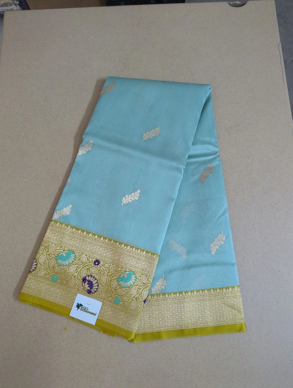 Pure Handloom Kora Satin Boardes - sky blue