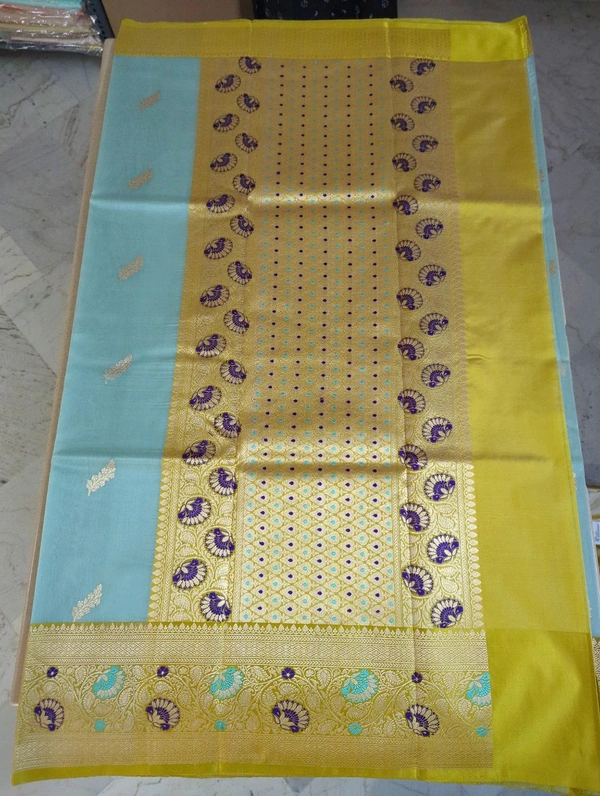 Pure Handloom Kora Satin Boardes - sky blue