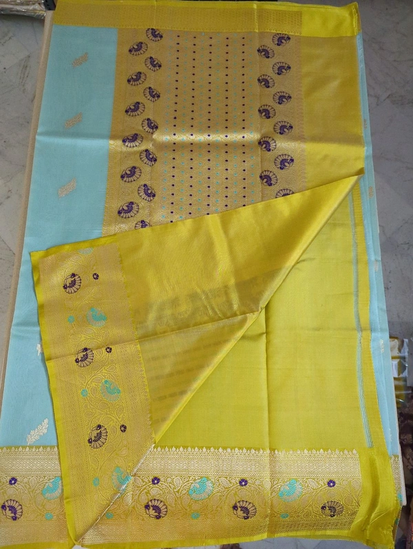 Pure Handloom Kora Satin Boardes - sky blue