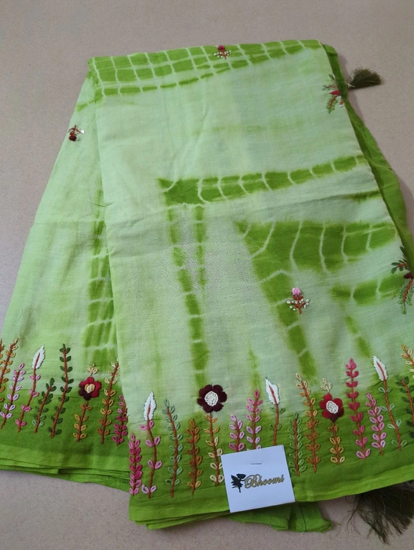 Pure Mulmul Cotton With Handwork - Green