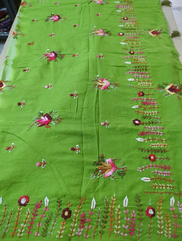 Pure Mulmul Cotton With Handwork - Green