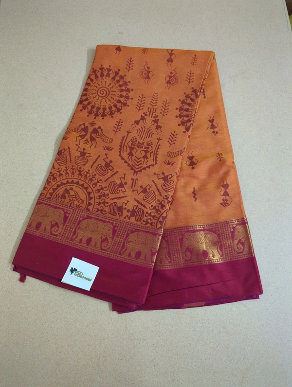 Pure Handloom Narayanpet Cotton Print - orange with elephant border