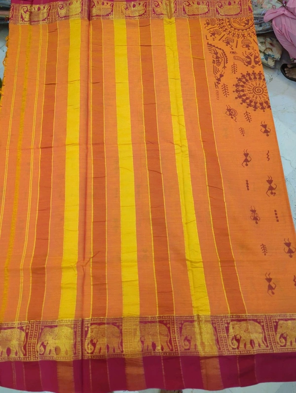 Pure Handloom Narayanpet Cotton Print - orange with elephant border