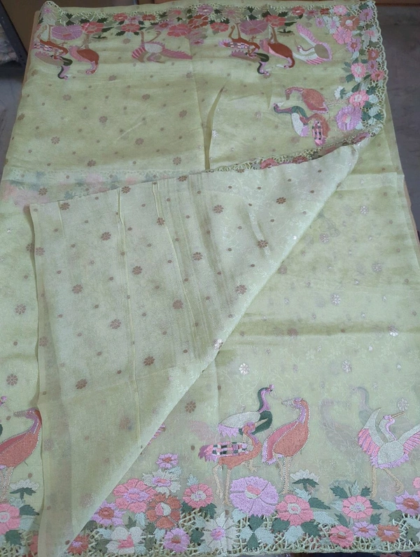 Designer Weaving With Embroidery  - Mint Green