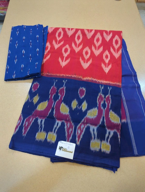 Pure Mercirised Pochampalli Cotton - red with blue 6