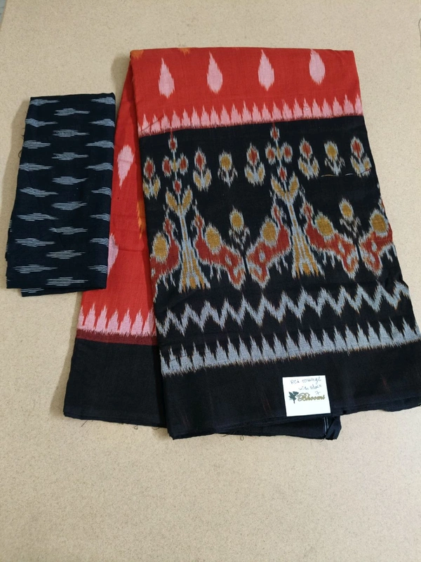 Pure Mercirised Pochampalli Cotton - Red Orange with black 7