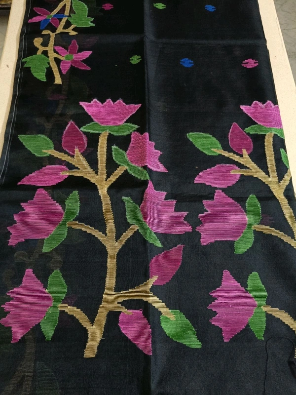 Pure Handloom Muslin Jamdhani - Black