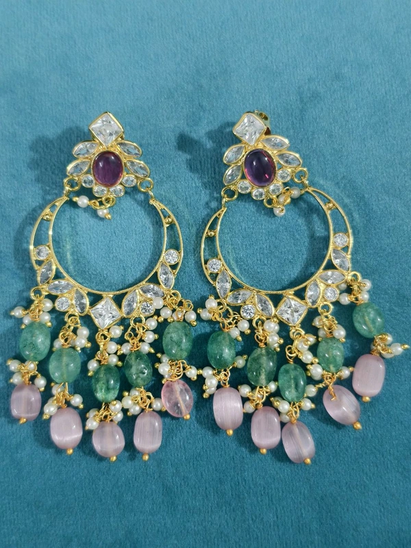 Polki Stones Chandbali Earrings With Real Beads - Red, vz