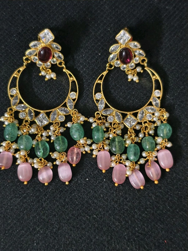 Polki Stones Chandbali Earrings With Real Beads - Red, vz