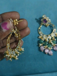 Polki Stones Chandbali Earrings With Real Beads - Red, vz