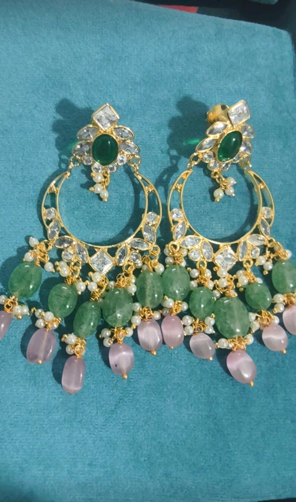 Polki Stones Chandbali Earrings With Real Beads - Green, vz