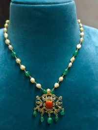 Real Pearls And Russian Beads Neck Set With Polki Stone Pendant Earrings - HD