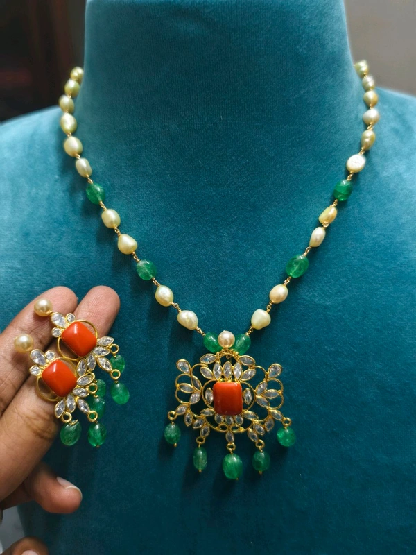 Real Pearls And Russian Beads Neck Set With Polki Stone Pendant Earrings - HD