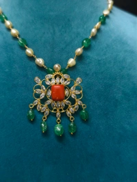 Real Pearls And Russian Beads Neck Set With Polki Stone Pendant Earrings - HD