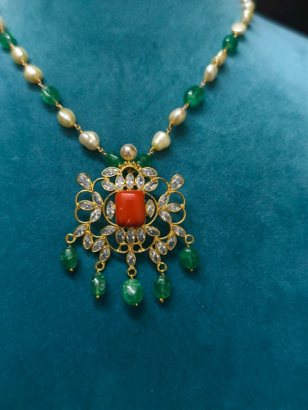 Real Pearls And Russian Beads Neck Set With Polki Stone Pendant Earrings - HD