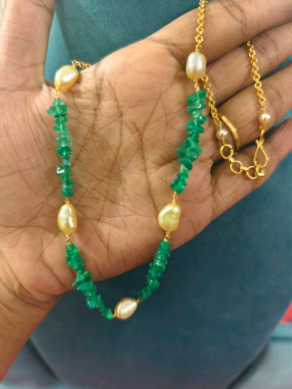 Russian Beads And Real Pearls Neck Chain - green, HD
