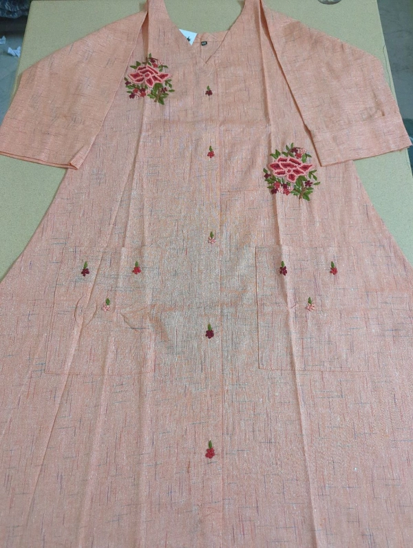 Khadi Cotton A Line Drees  - Peach Orange, 44