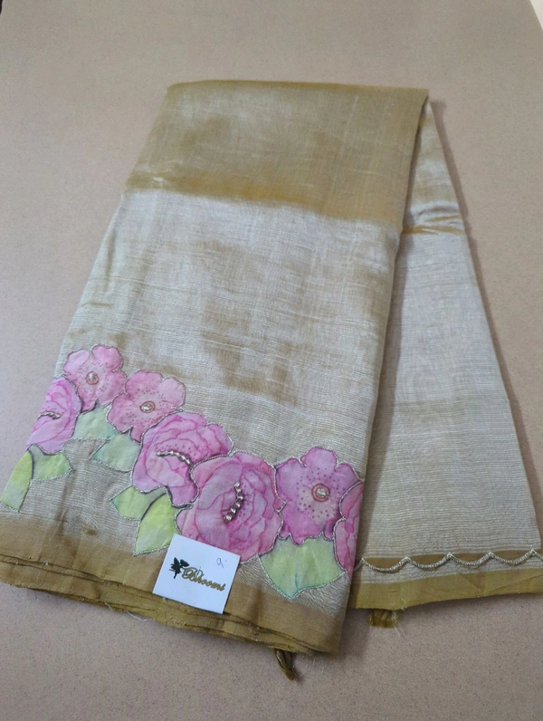 Pure Mangalagiri Pattu With Applique Work - Buddha Gold 9