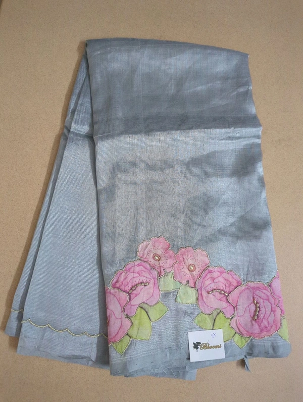 Pure Mangalagiri Pattu With Applique Work - Gray 27