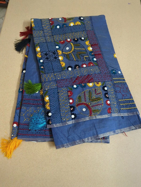 CHANDERI LINEN LAMBANI WORK - Waikawa Gray