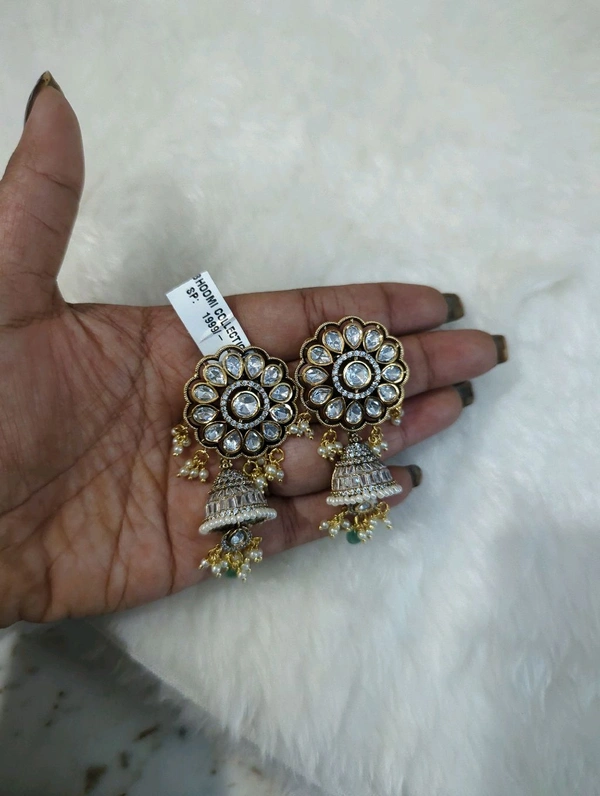 Victorian Jhumka Style Earrings With Mossanites - White, VZ