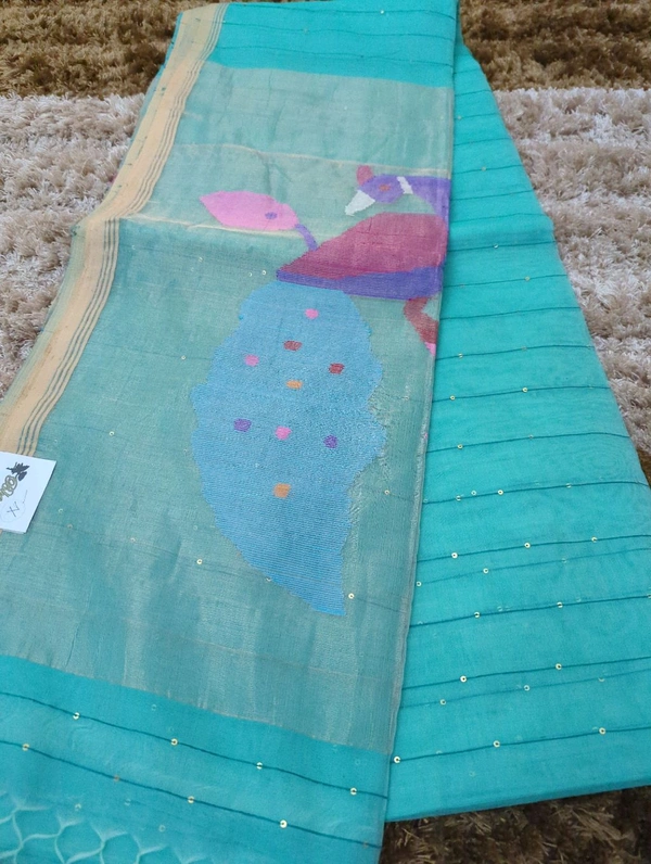 Muslin Sequence With Jamdhani Pallu - Eastern Blue 7