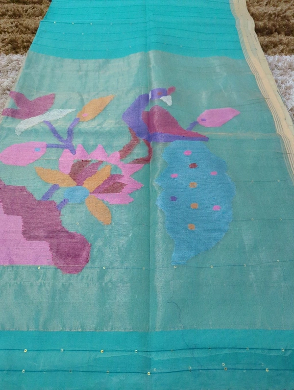 Muslin Sequence With Jamdhani Pallu - Eastern Blue 7