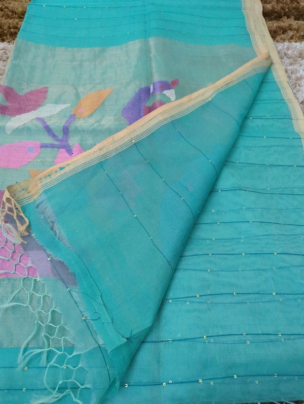 Muslin Sequence With Jamdhani Pallu - Eastern Blue 7