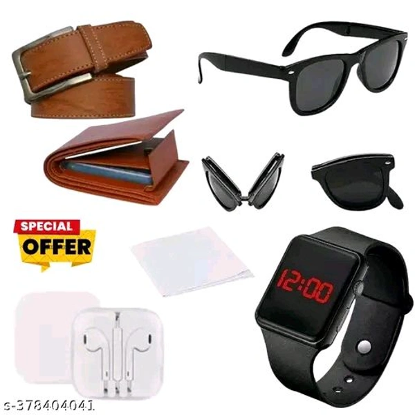 TRENDY COMBO OFFER BUY MENS BELT AND GET 1 TAN COLOUR WALLET ,FOLDABLE SUNGLASSES ,WATCH ,WIRED EARPHONES AND WHITE