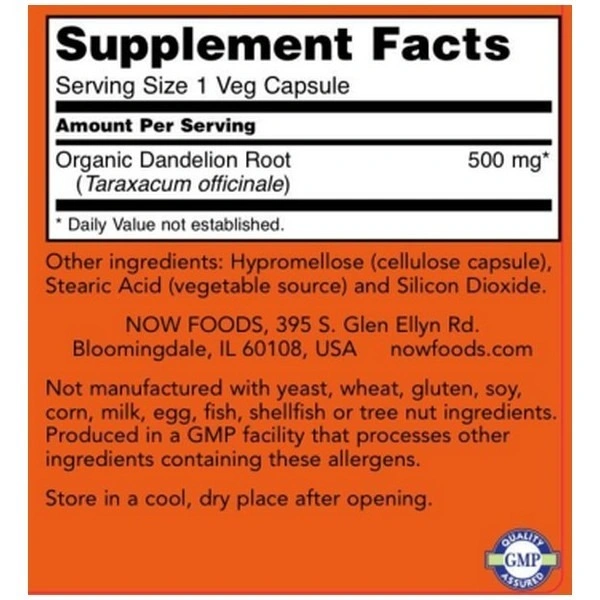 Now Dandelion Root 500 mg 100 Veg Capsules