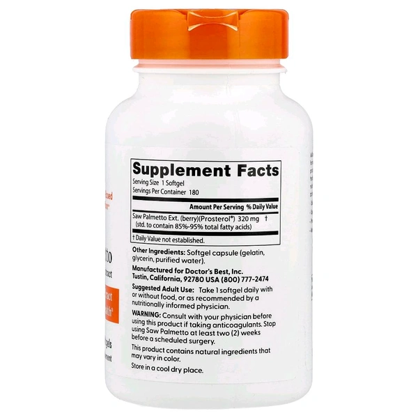 Doctor's Best,Saw Palmetto, Standardized Extract, 320 mg, - 180 Softgels