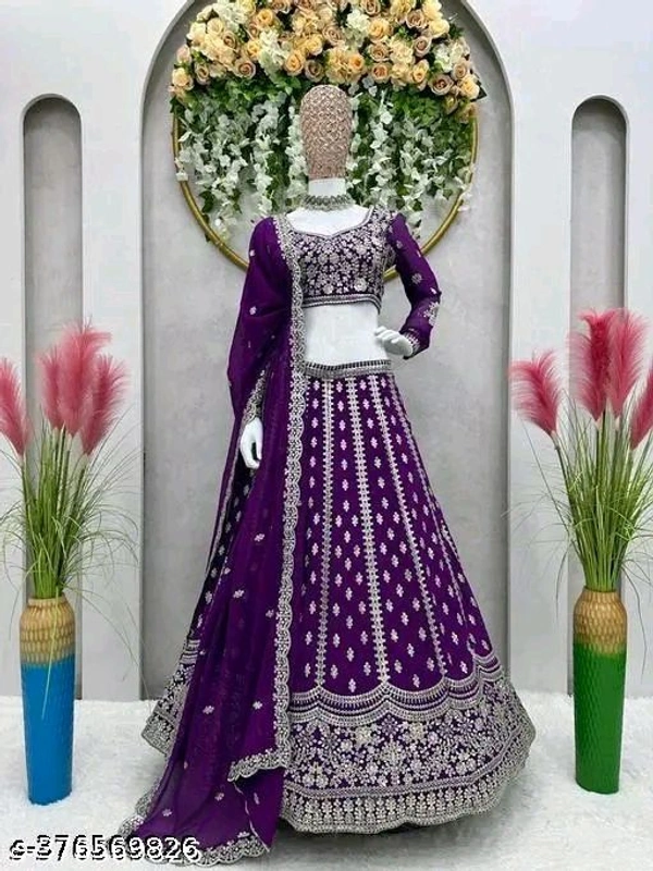 OM Shivam Creation Georgette Embroidered Blue Semi-Stitched Lehenga with Unstitched Blouse - Semi Stitched