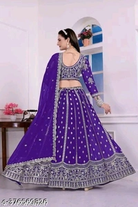 OM Shivam Creation Georgette Embroidered Blue Semi-Stitched Lehenga with Unstitched Blouse - Semi Stitched